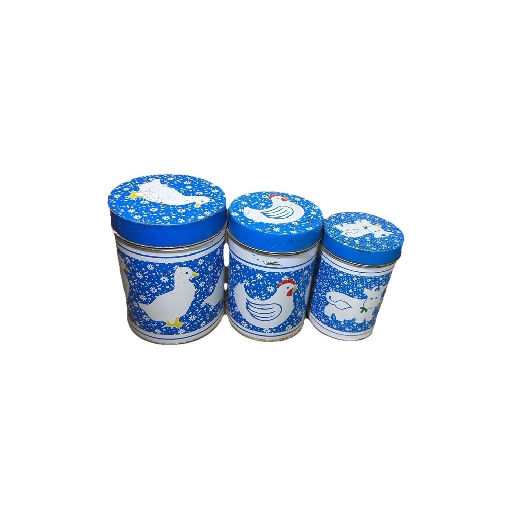 Vintage Blue Animal Canister Set‎ Duck Chicken Cow Metal Tins 3pc Kitchen